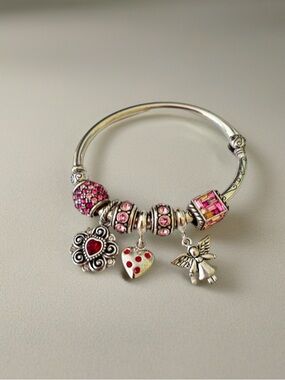 Brighton Silver Charm Bracelet with Pink Crystal Beads interchangeable charms